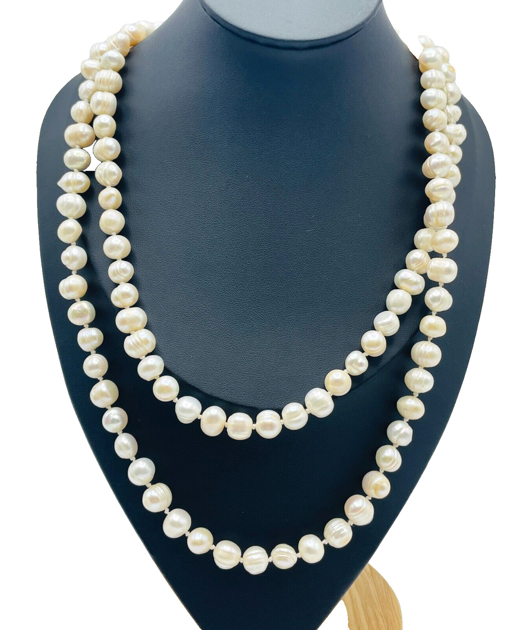 Cultured White Baroque Freshwater Pearl Necklace 38" Hand Knotted No Clasp 4.2oz